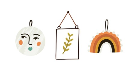 Poster - Wall decoration hanging on strings. Botanical picture in frame, ceramic plate and embroidery for hygge home decor in Scandinavian style. Colored flat vector illustration isolated on white background