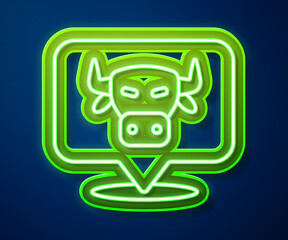 Sticker - Glowing neon line Cow head icon isolated on blue background. Vector