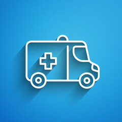 Canvas Print - White line Ambulance and emergency car icon isolated on blue background. Ambulance vehicle medical evacuation. Long shadow. Vector