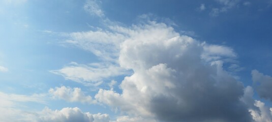 Wall Mural - panoramic view of beautiful fluffy clouds in blue sky, natural cloudscape
