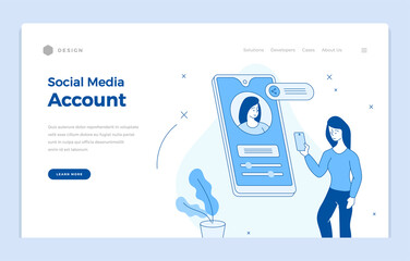 Poster - Creating social media account. Woman with smartphone fills in her data online for application. Password protected interface. Global web communication. Vector landing page flat line template