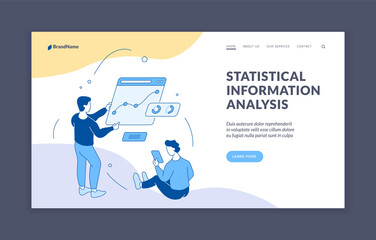 Poster - Statistical information analysis. Managers conduct research analytic charts. Marketing technologies market and media management. Digital optimization investments. Vector home page flat template