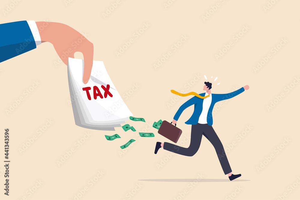 Tax evasion, illegal hide revenue and avoid paying government tax, fraud and money laundering or financial crime concept, frustrated businessman run away with full of money banknotes from tax bills. - obrazy, fototapety, plakaty 