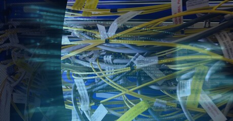 Poster - Binary coding data processing over close up of computer server against black technology background