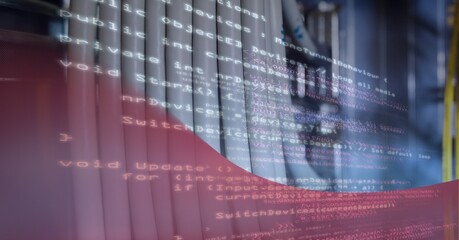 Poster - Data processing over close up of computer server against red technology background