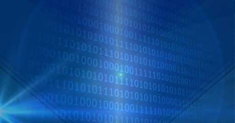 Poster - Binary coding data processing against spot of light on blue technology background