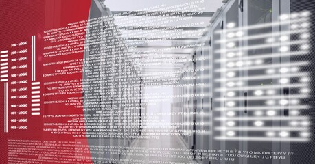 Poster - Data processing against empty computer server room against red technology background