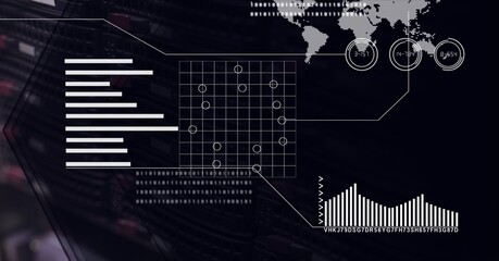 Poster - Digital interface with data processing over world map against black technology background