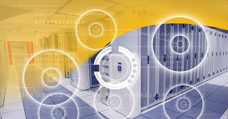 Poster - Multiple round scanners over empty computer server room against yellow technology background