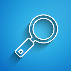 Wall Mural - White line Magnifying glass icon isolated on blue background. Search, focus, zoom, business symbol. Long shadow. Vector