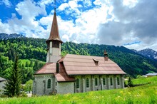Church In Jaun, Alps Mountains, Canton Fribourg, Freiburg Nearby Bulle, Bern, Thun. Good Hiking Tourist Way. Switzerland.