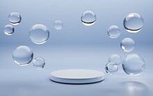 White Round Podium With Air Bubbles On Blue Water Surface. Mock Up Empty Geometric Stage, Platform With Soap Spheres Or Water Drops For Product Ad Presentation Cosmetics. Realistic 3d Illustration