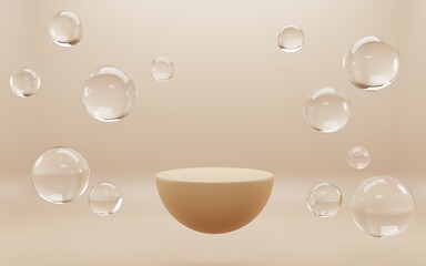 Poster - Abstract geometric hemisphere stage with clear water drops on beige background. Template golden podium with soap round bubbles shape for product ad presentation cosmetics. Realistic 3d illustration