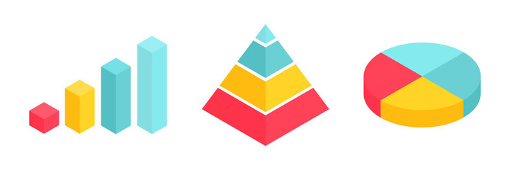 Wall Mural - isometric graph, pyramid and pie chart set. business colorful analysis symbols for reports and prese