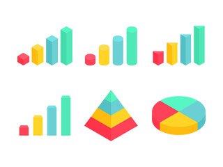 Wall Mural - isometric graph, pyramid and pie chart set. business colorful analysis symbols for reports and prese