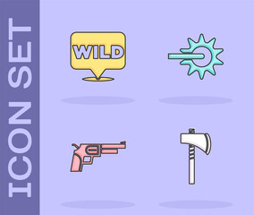 Poster - Set Tomahawk axe, Pointer to wild west, Revolver gun and Spur icon. Vector