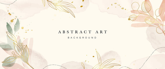 Abstract art background vector. Luxury minimal style wallpaper with golden line art flower and botanical leaves, Organic shapes, Watercolor. Vector background for banner, poster, Web and packaging.