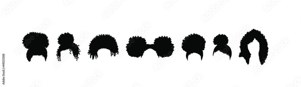 Collection of silhoutes of afro girls hairstyles isolated on white background - obrazy, fototapety, plakaty 