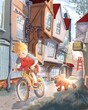 © Elara - Boy rides a bike with cat and dog. Children's cartoon illustration. The boy rides a bicycle. The cat sits on the steering wheel, the dog runs down the street. Color orange, red, gray, khaki, green