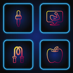 Poster - Set line Apple, Jump rope, Pipette with oil and Bodybuilder muscle. Gradient color icons. Vector