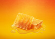 Perfect honey combs lay in puddle of honey isolated on yellow background.