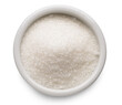 White refined sugar in ceramic bowl on white background. Top view. File contains clipping path.