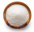 White refined sugar in ceramic bowl on white background. Top view. File contains clipping path.