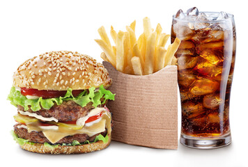 Wall Mural - Delicious hamburger with cola and potato fries. Fast food concept. File contains clipping path.