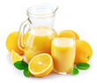 Yellow orange fruits and fresh orange juice isolated on white background.