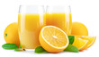 Yellow orange fruits and two glasses of fresh orange juice isolated on white background.