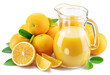 Yellow orange fruits and carafe of fresh orange juice isolated on white background.