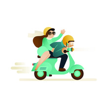 Young Guy & Girl Waving Hello In Yellow Helmets Riding Vintage Scooter Isolated On White Background. Flat Vector Illustration. Banner Design. Website Template. Landing Page. Happy Couple Concept.
