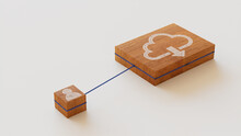 Data Storage Technology Concept With Cloud Download Symbol On A Wooden Block. User Network Connections Are Represented With Blue String. White Background. 3D Render.
