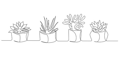 Poster - One continuous Line drawing of House plants in pots. Eco interior with succulents for apartment in simple linear style. Editable stroke Vector illustration