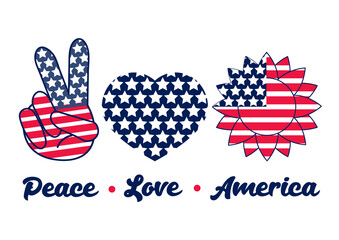 America Peace Love, Patriotic sign. American flag in Sunflower design. Hippie symbol, finger Victory. 4th of July, Independence day holiday banner.