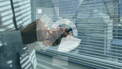 Poster - Animation of scope scanning and data processing over businessman using smartphone