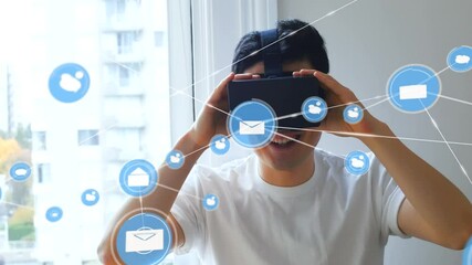 Poster - Animation of network of connections with icons over man wearing vr headset