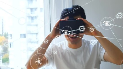 Poster - Animation of network of connections with icons over man wearing vr headset