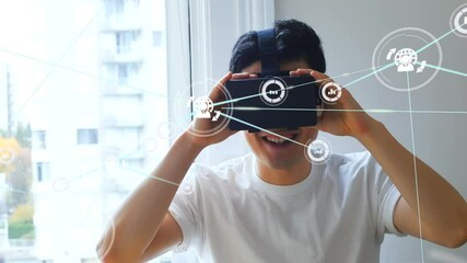 Poster - Animation of network of connections with icons over man wearing vr headset