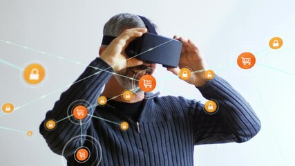 Poster - Animation of network of connections with icons over man wearing vr headset
