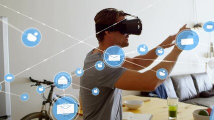 Poster - Animation of network of connections with icons over man wearing vr headset
