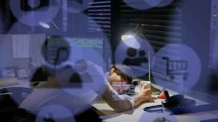 Poster - Animation of network of digital icons over businessman sleeping on desk in office