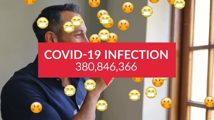 Poster - Animation of covid 19 data and sick emojis with face masks over businessman using smartphone