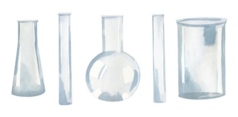 Laboratory equipment. Glass tubes, flask, beaker and medicine lab measuring equipment. Watercolor illustration.
