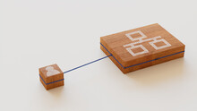 Network Technology Concept With Ethernet Symbol On A Wooden Block. User Network Connections Are Represented With Blue String. White Background. 3D Render.