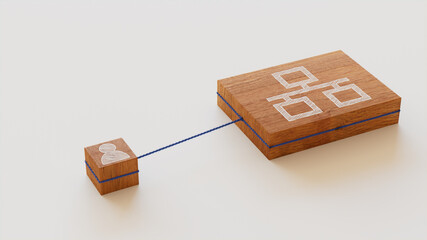 Network Technology Concept with ethernet Symbol on a Wooden Block. User Network Connections are Represented with Blue string. White background. 3D Render.