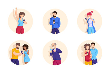 Collection of people looking to smartphones and talking with different emotions. Set man, woman, couple and families holding mobile phones. Person chatting, typing message with social network