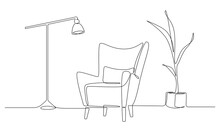 One Continuous Line Drawing Of Armchair And Lamp And Potted Plant. Stylish Furniture For Living Room Interior In Simple Linear Style. Editable Stroke Vector Illustration