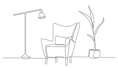 Wall Mural - One continuous Line drawing of armchair and lamp and potted plant. Stylish furniture for living room interior in simple linear style. Editable stroke Vector illustration