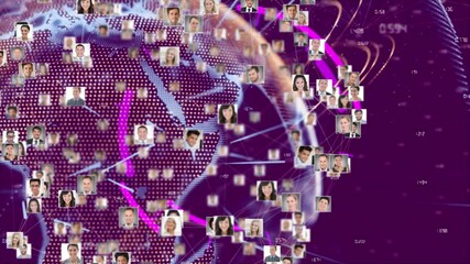 Poster - Globe of network of profile icons spinning over light trails against purple background